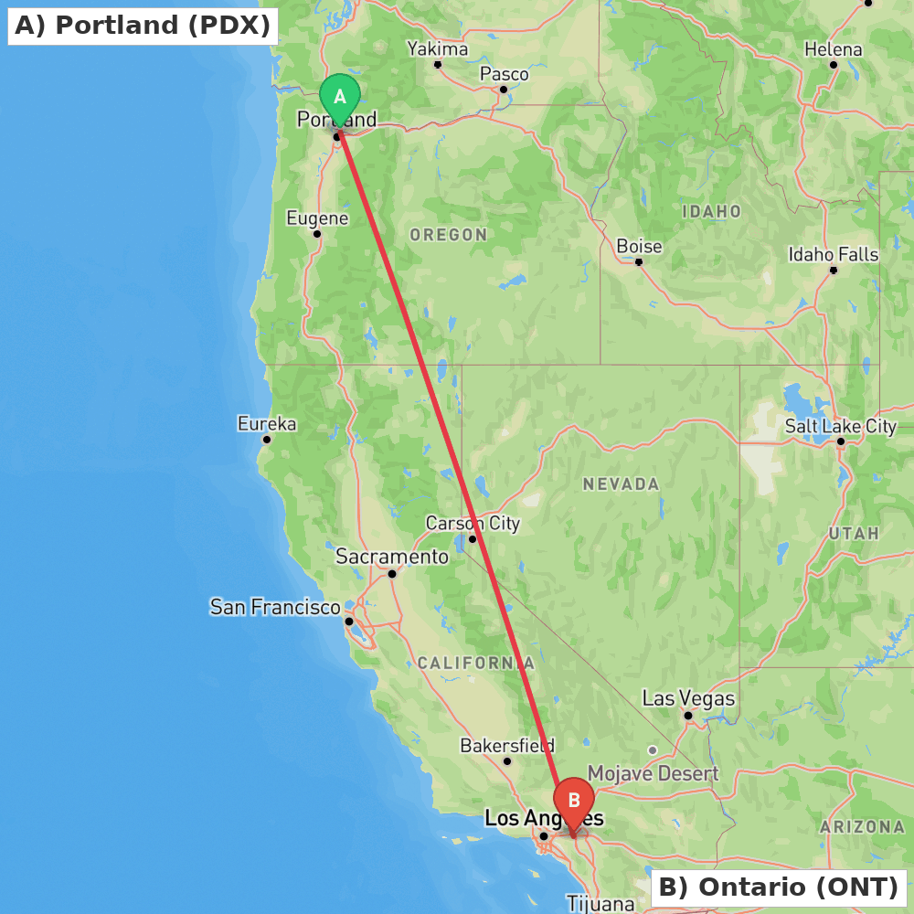 Flight route map from Portland to Ontario