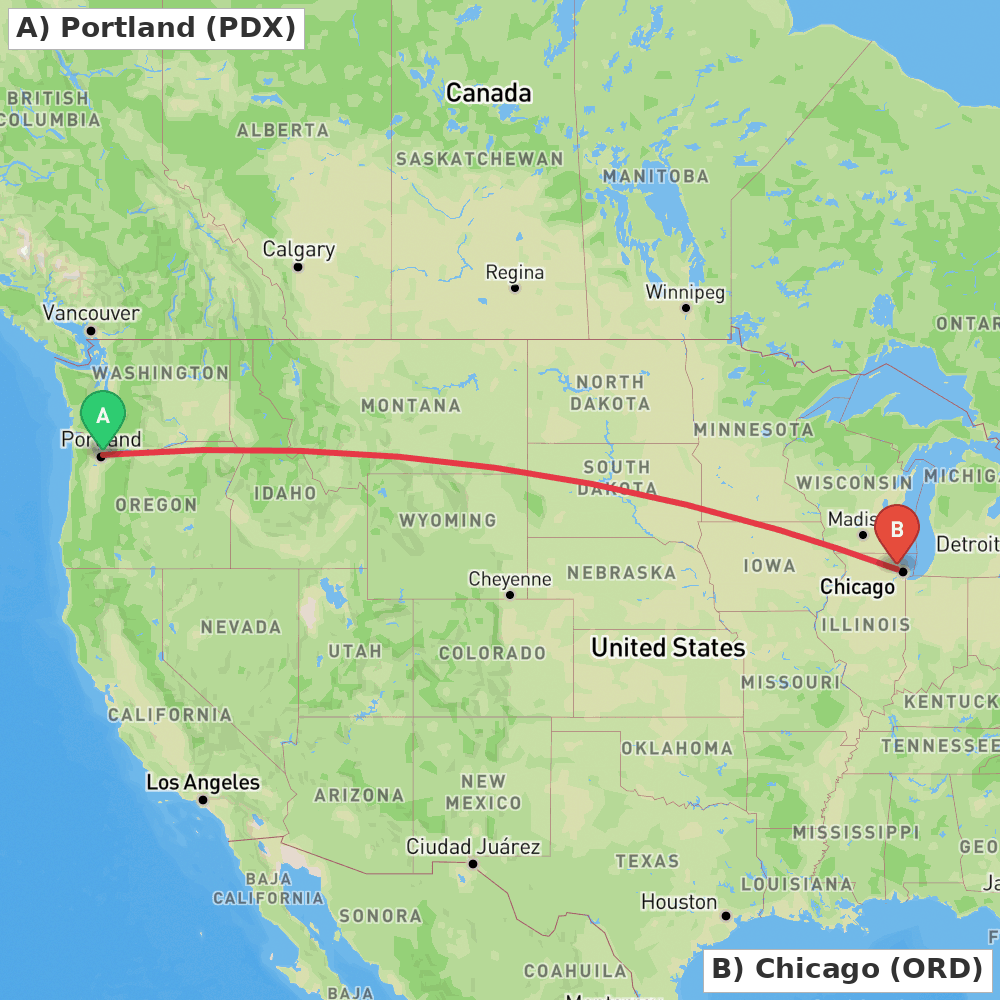 Flight route map from Portland to Chicago