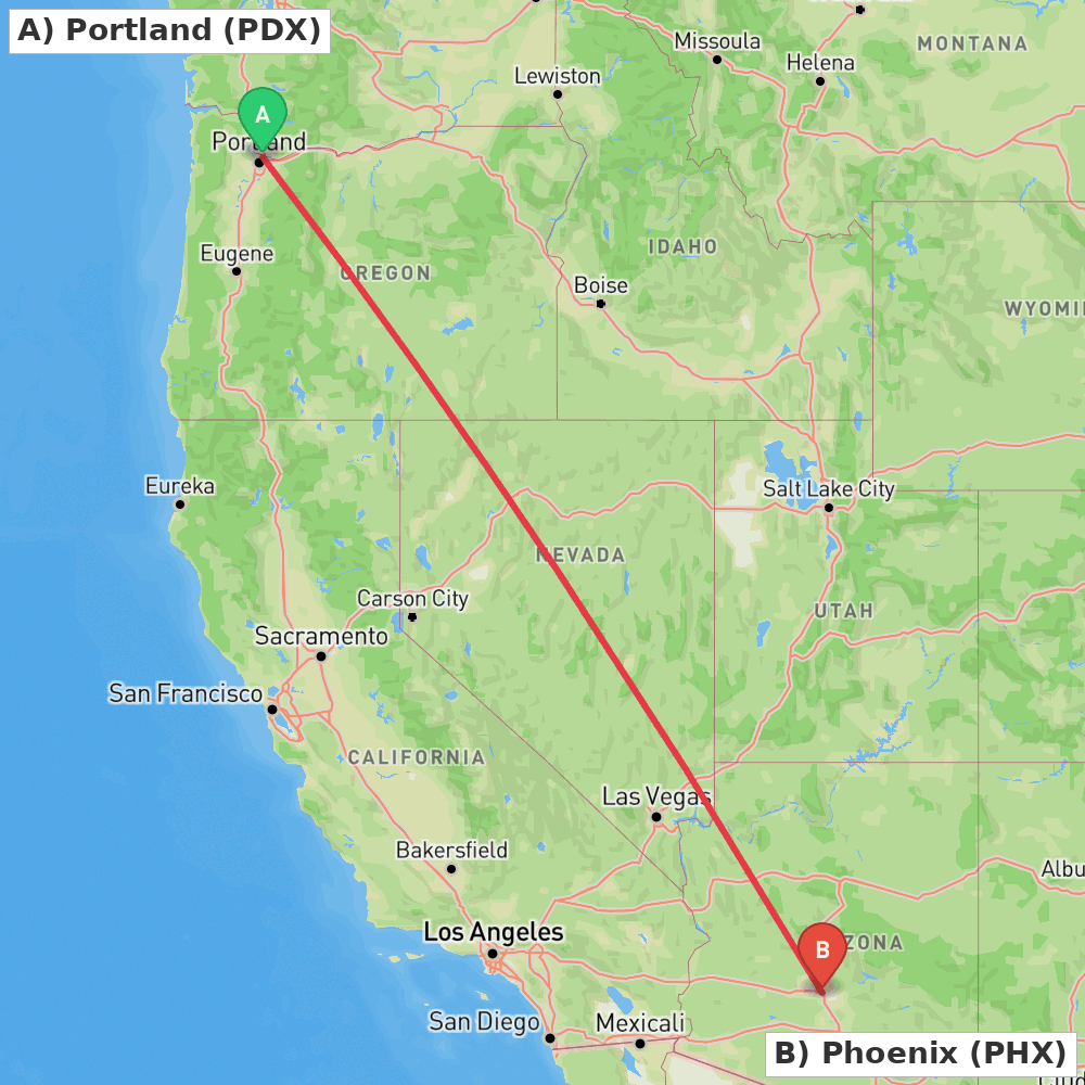Flight route map from Portland to Phoenix