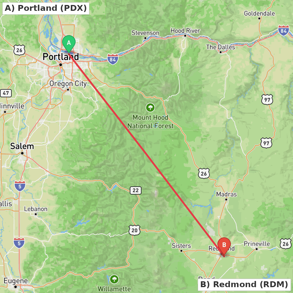 Flight route map from Portland to Redmond