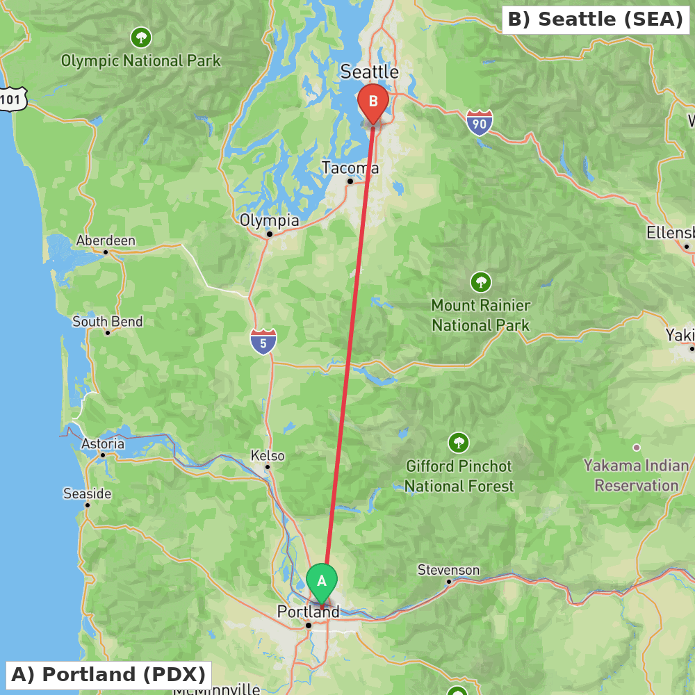 Flight route map from Portland to Seattle