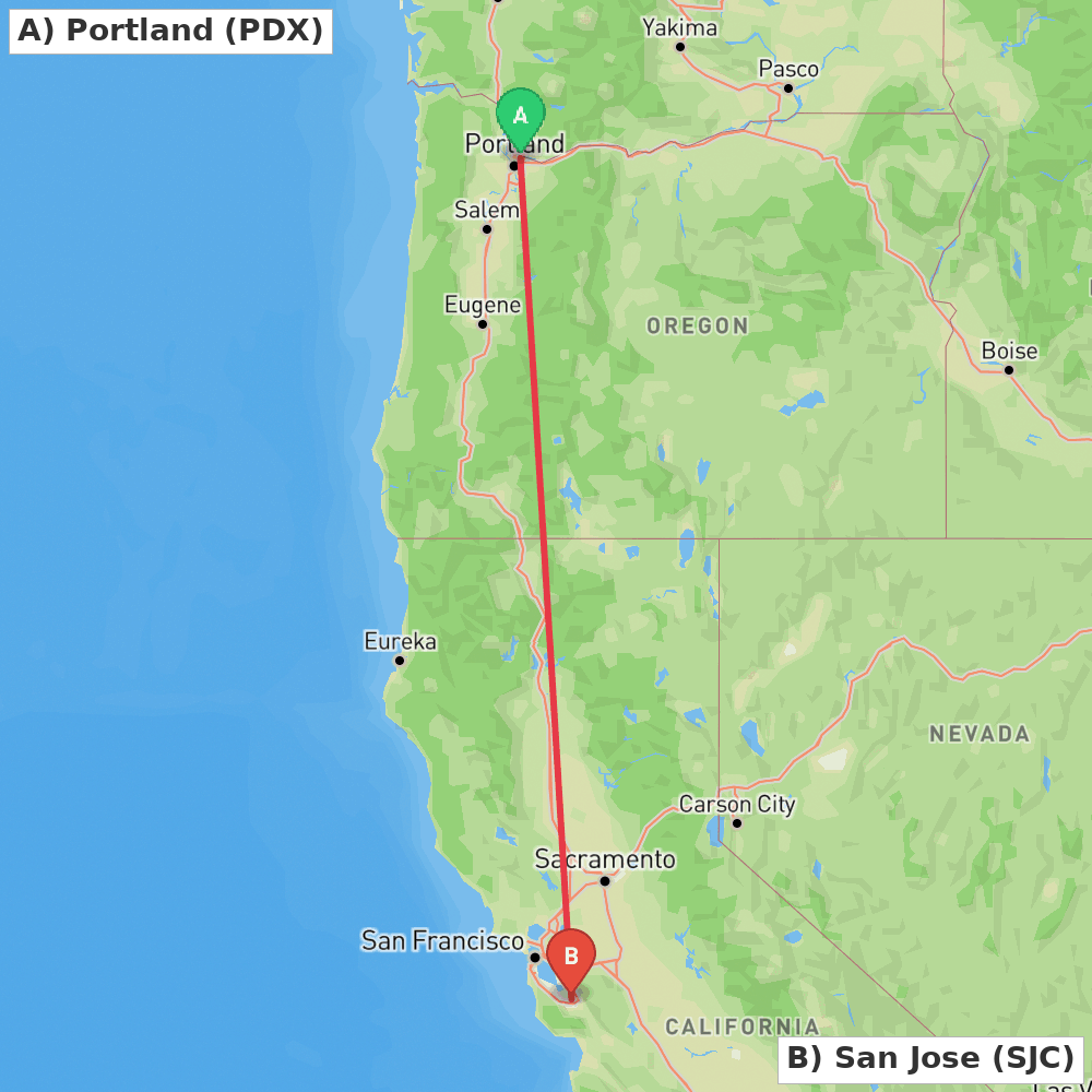 Flight route map from Portland to San Jose