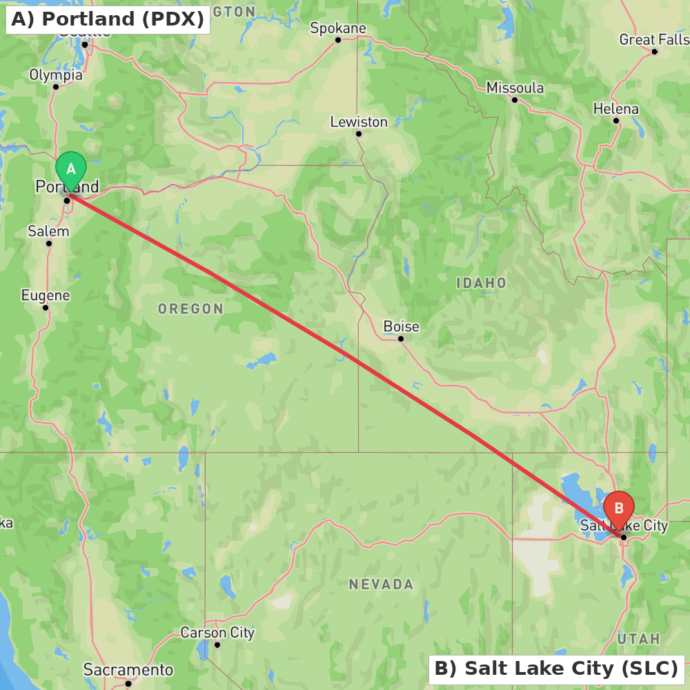 Flight route map from Portland to Salt Lake City