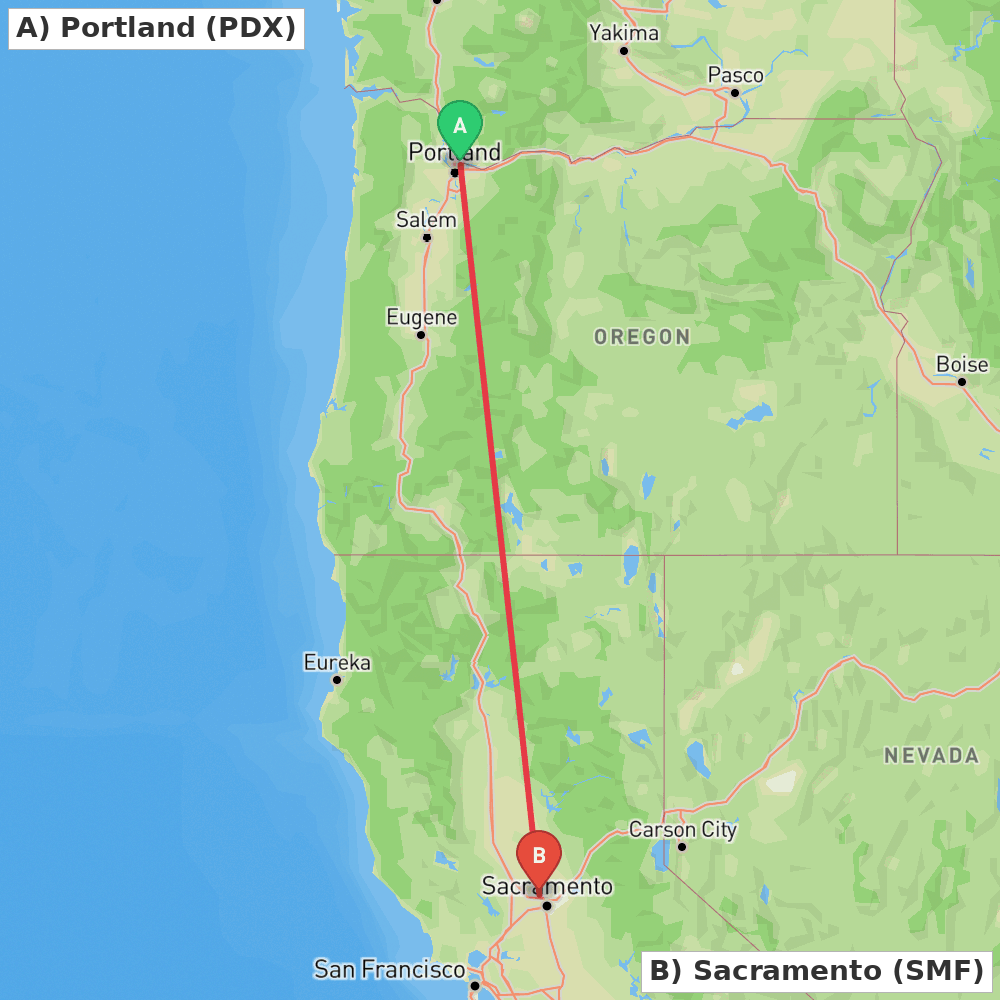 Flight route map from Portland to Sacramento