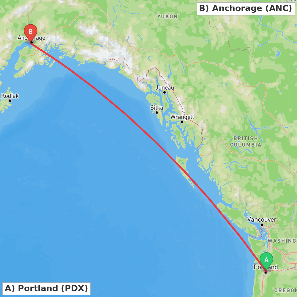 Flight route map from Portland to Anchorage