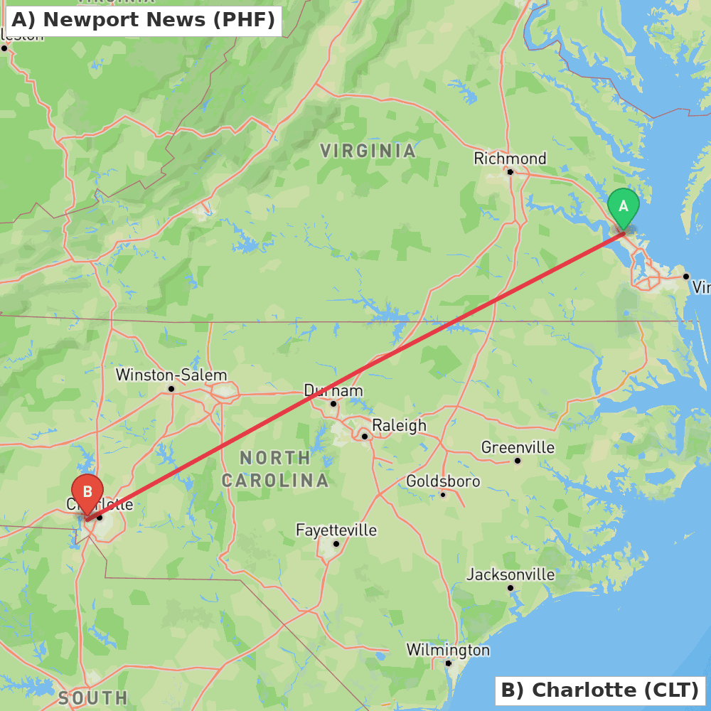 Flight route map from Newport News to Charlotte