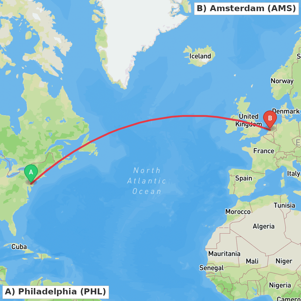 Flight route map from Philadelphia to Amsterdam