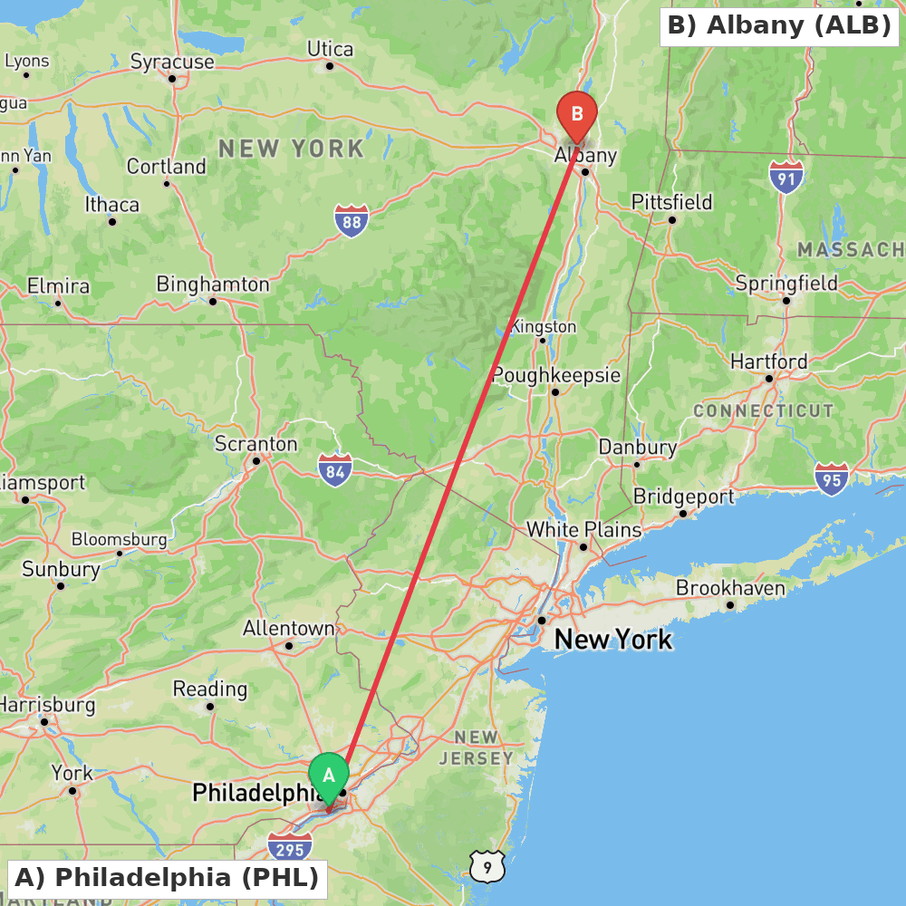 Flight route map from Philadelphia to Albany
