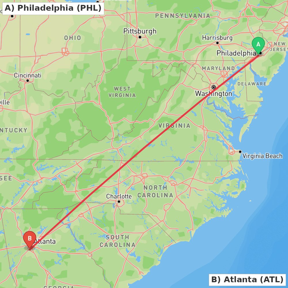 Flight route map from Philadelphia to Atlanta