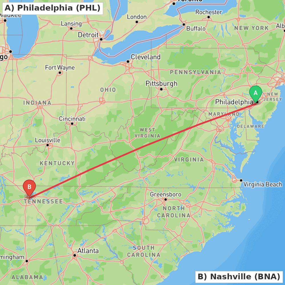 Flight route map from Philadelphia to Nashville