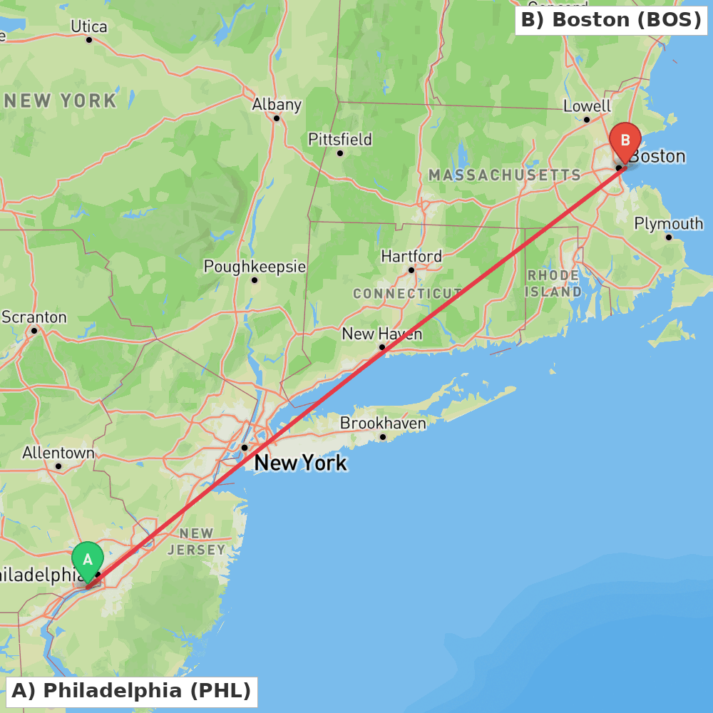 Flight route map from Philadelphia to Boston