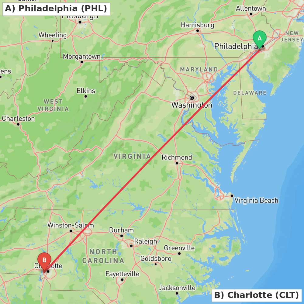 Flight route map from Philadelphia to Charlotte