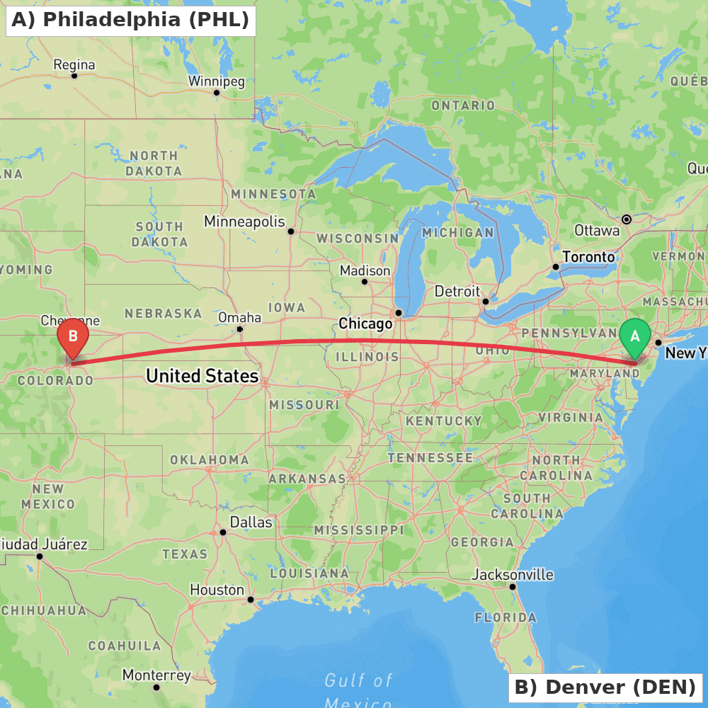 Flight route map from Philadelphia to Denver