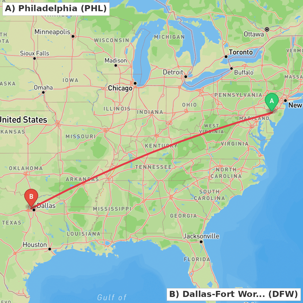 Flight route map from Philadelphia to Dallas-Fort Worth