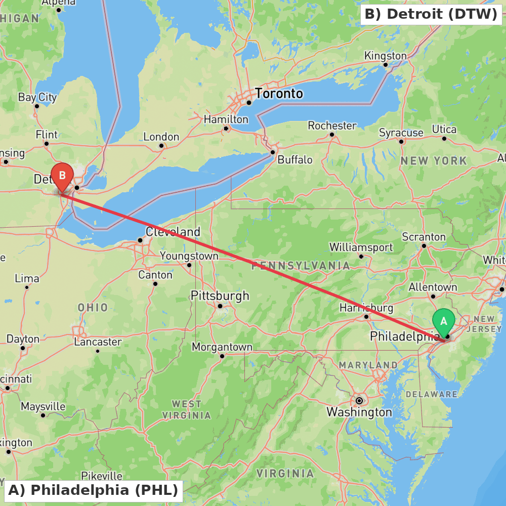 Flight route map from Philadelphia to Detroit