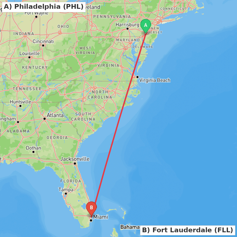 Flight route map from Philadelphia to Fort Lauderdale