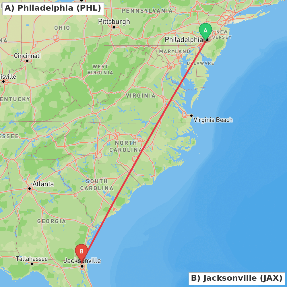 Flight route map from Philadelphia to Jacksonville