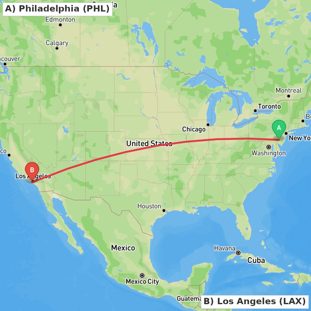 Flight route map from Philadelphia to Los Angeles