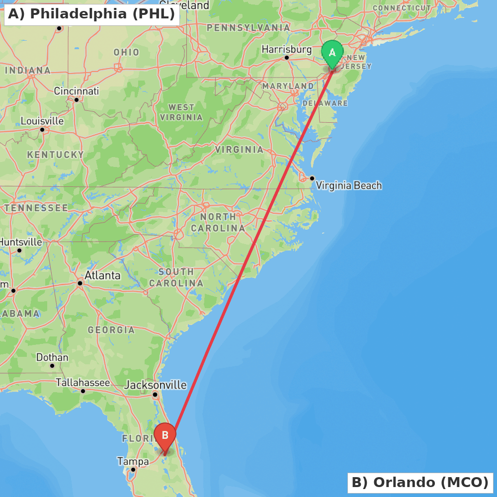 Flight route map from Philadelphia to Orlando