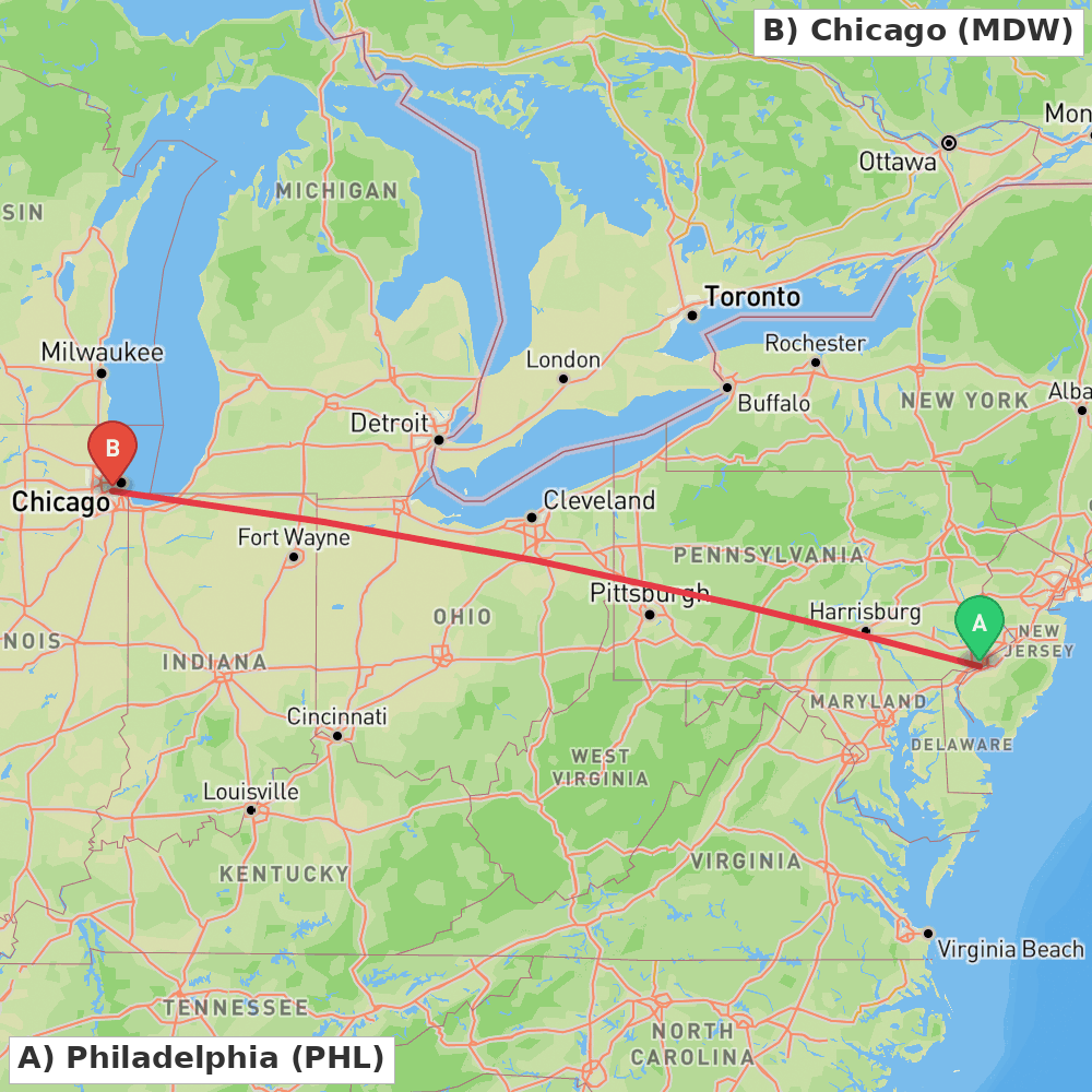 Flight route map from Philadelphia to Chicago