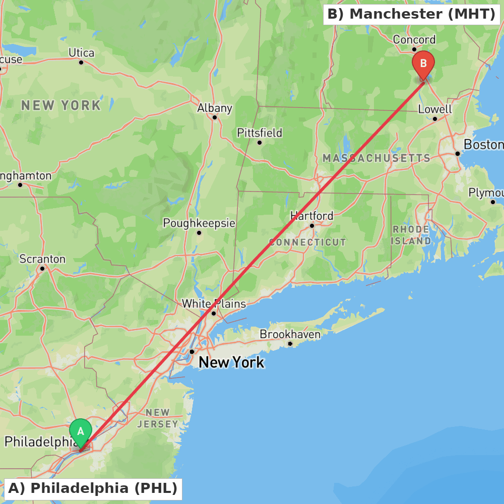 Flight route map from Philadelphia to Manchester