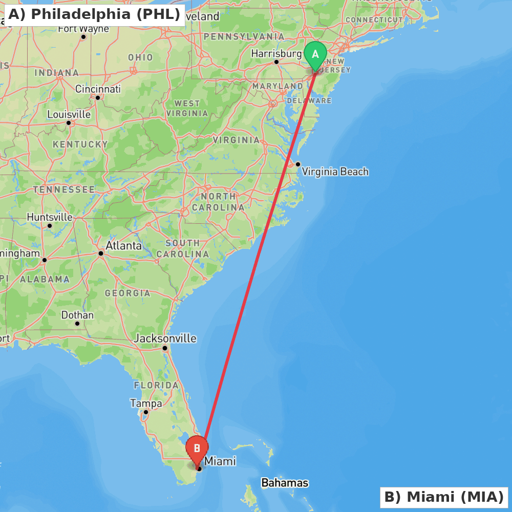 Flight route map from Philadelphia to Miami