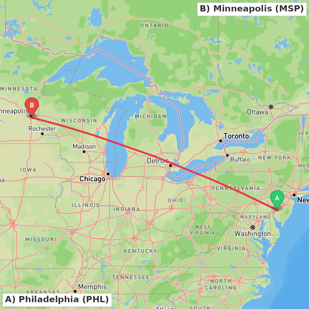 Flight route map from Philadelphia to Minneapolis