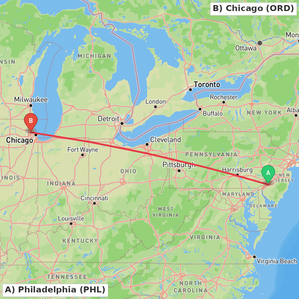 Flight route map from Philadelphia to Chicago