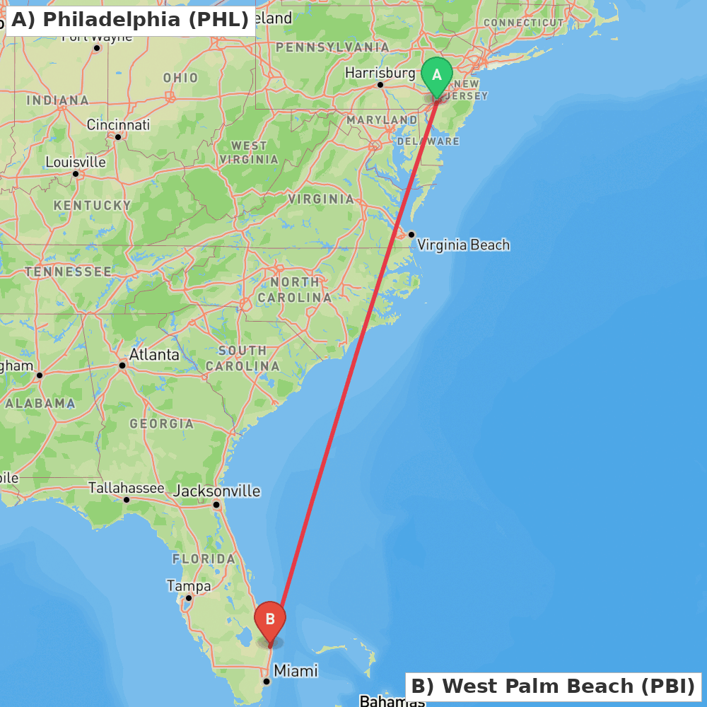 Flight route map from Philadelphia to West Palm Beach