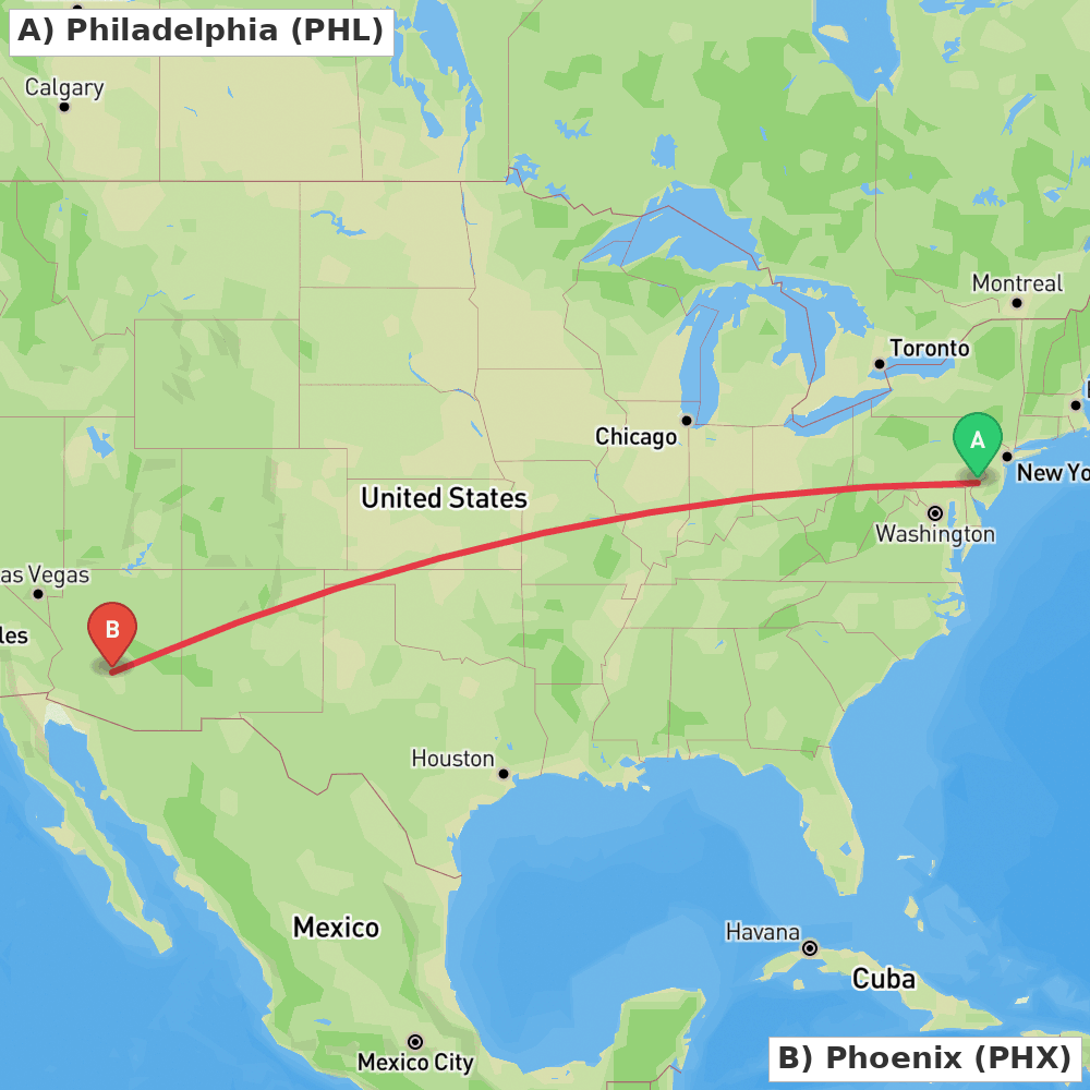 Flight route map from Philadelphia to Phoenix