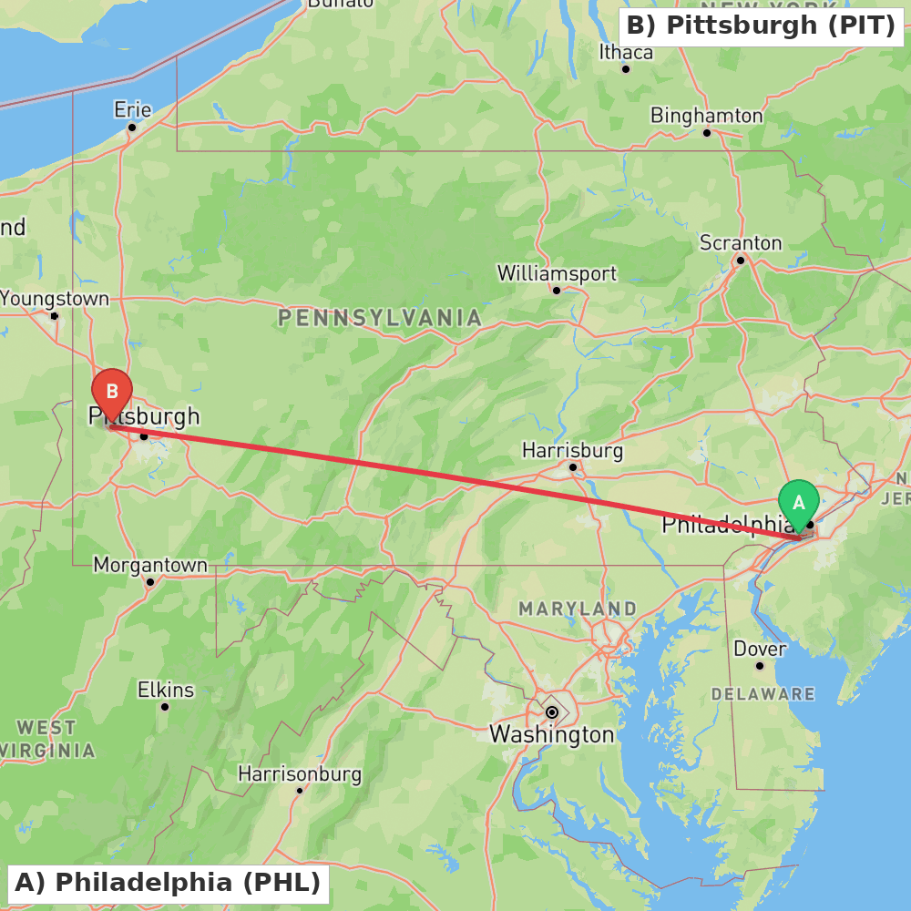 Flight route map from Philadelphia to Pittsburgh