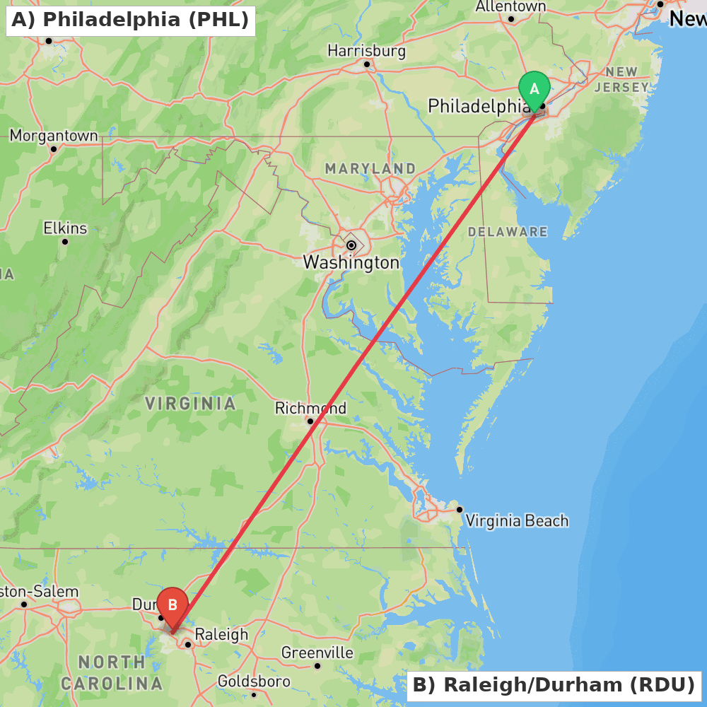 Flight route map from Philadelphia to Raleigh/Durham