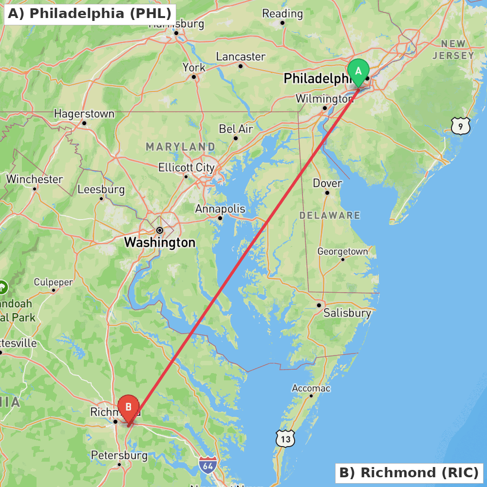 Flight route map from Philadelphia to Richmond