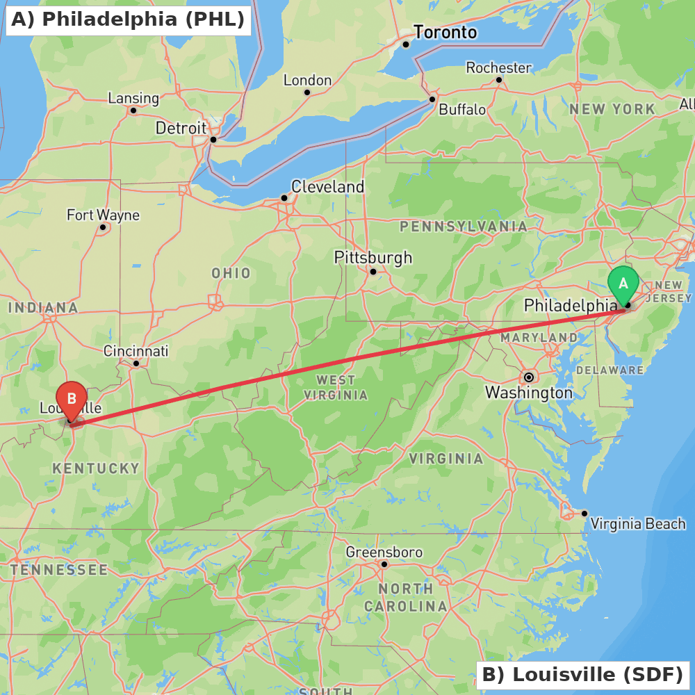 Flight route map from Philadelphia to Louisville