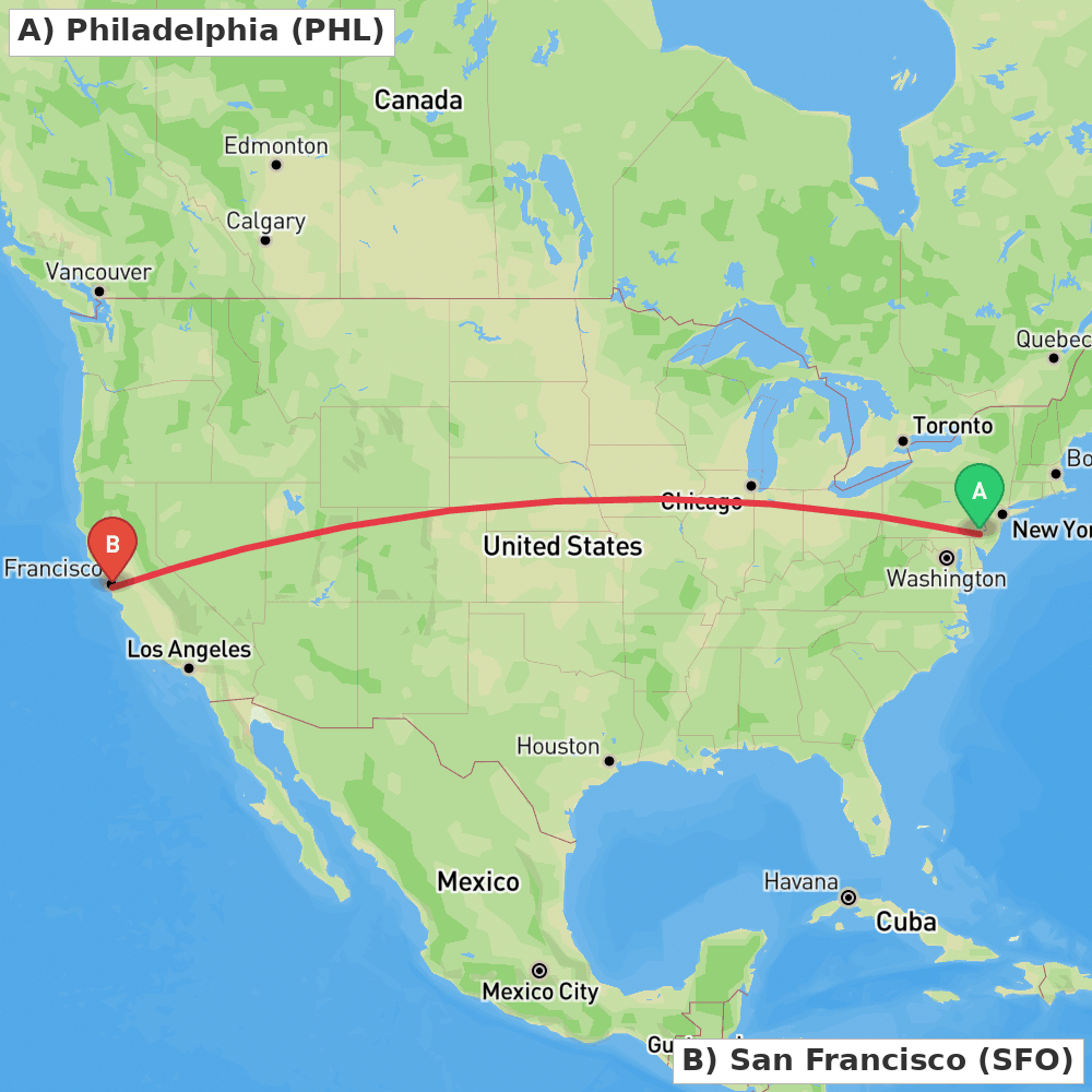 Flight route map from Philadelphia to San Francisco