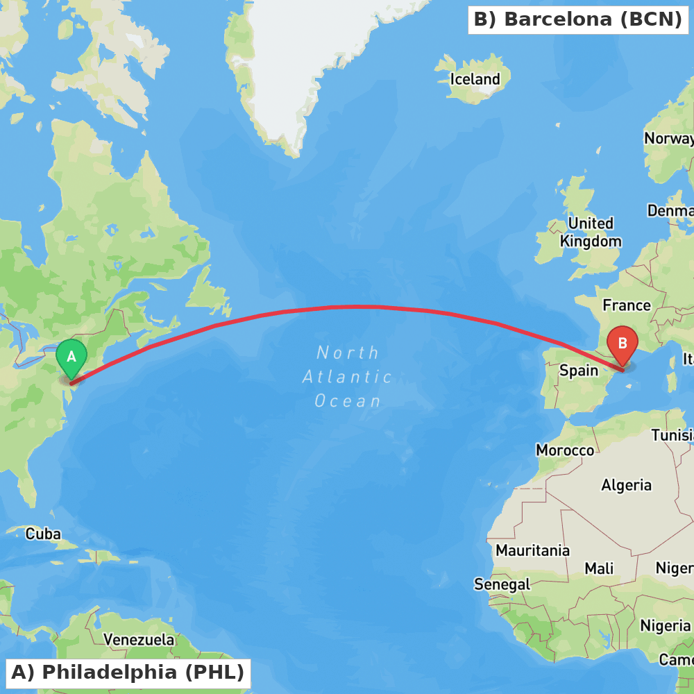 Flight route map from Philadelphia to Barcelona