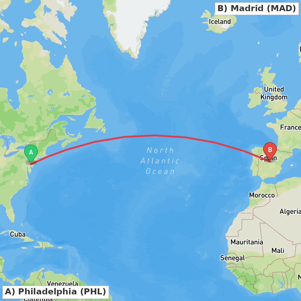 Flight route map from Philadelphia to Madrid