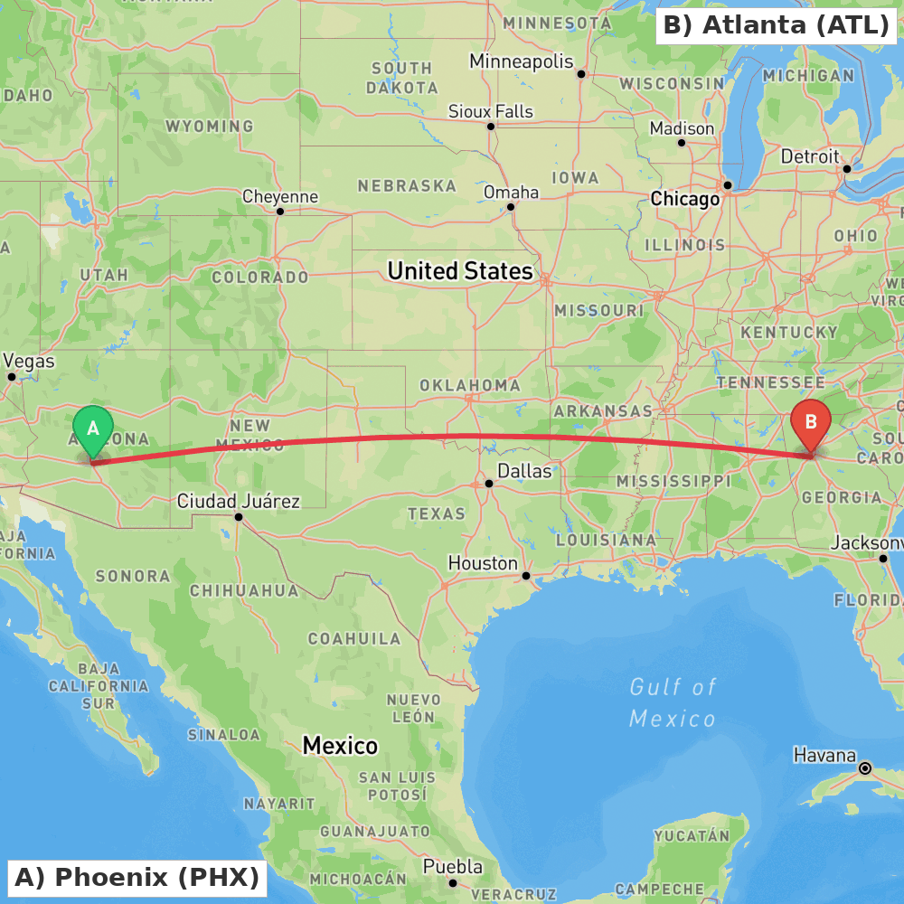 Flight route map from Phoenix to Atlanta