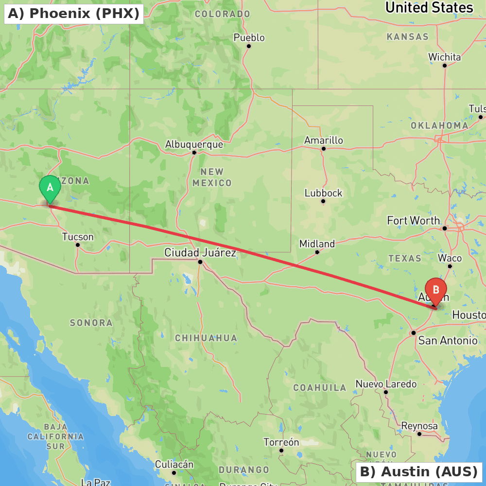 Flight route map from Phoenix to Austin