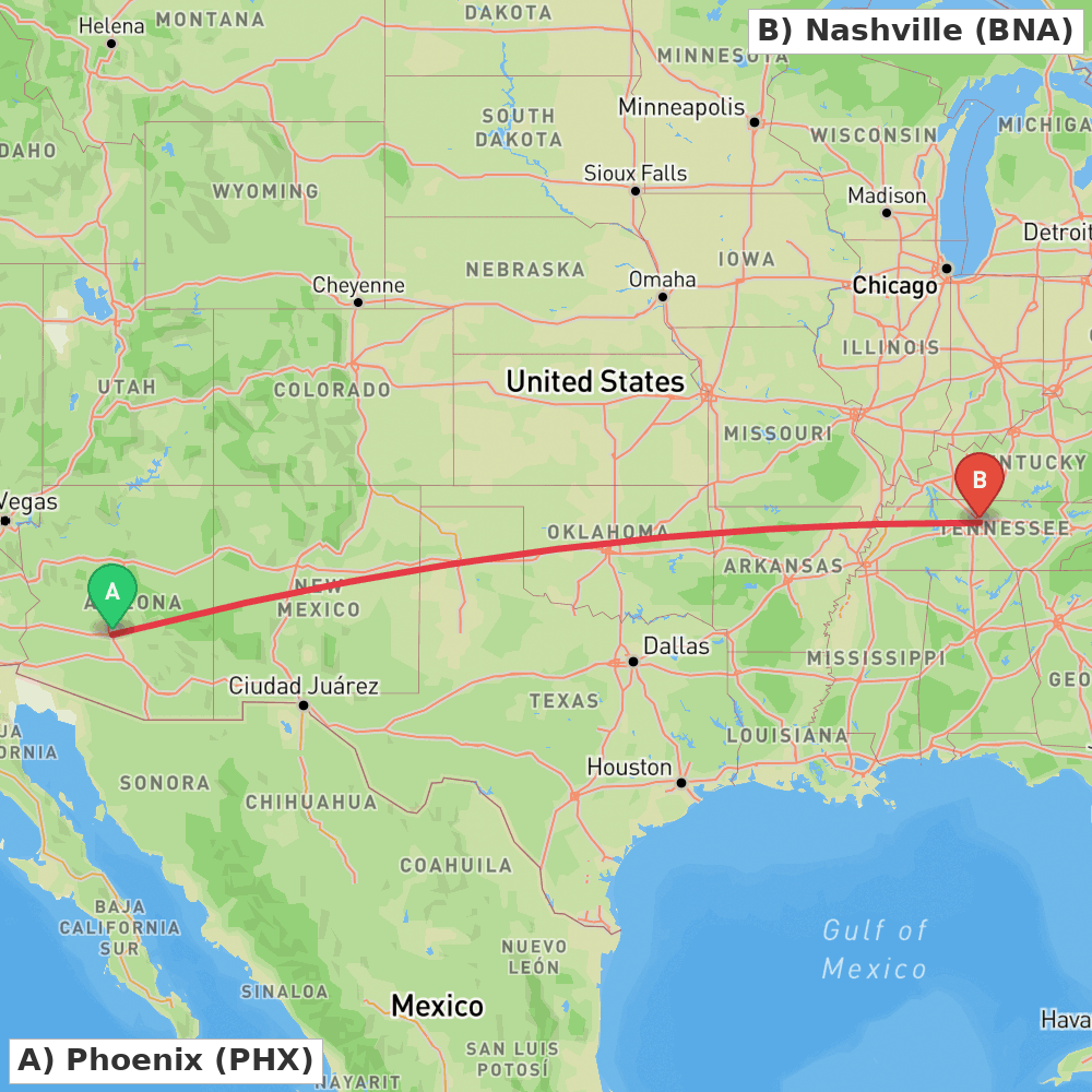 Flight route map from Phoenix to Nashville