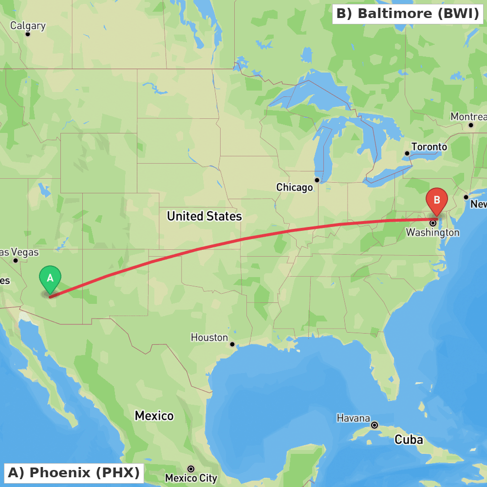 Flight route map from Phoenix to Baltimore