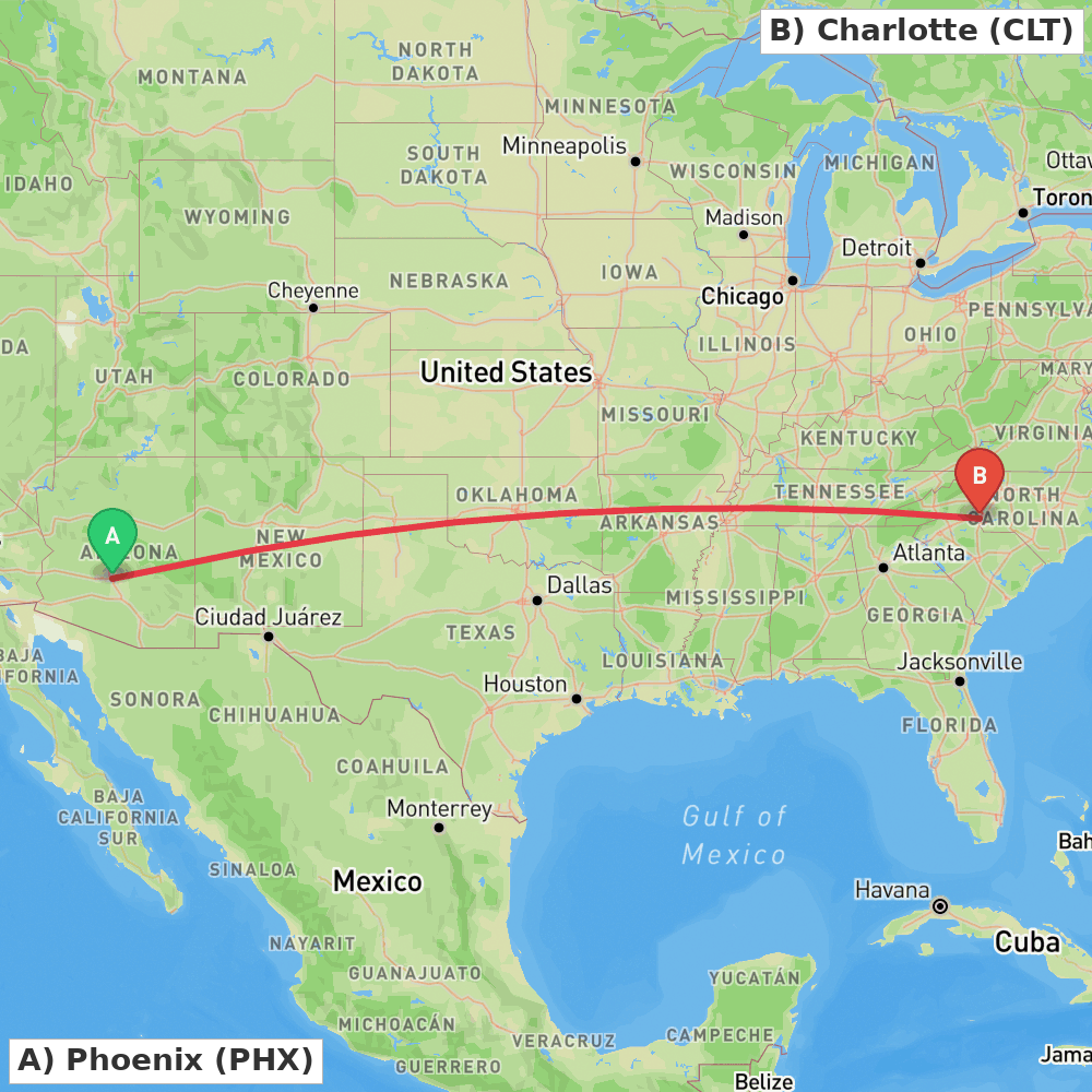 Flight route map from Phoenix to Charlotte