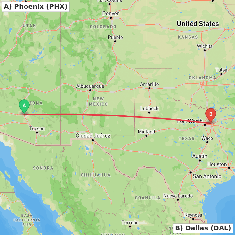 Flight route map from Phoenix to Dallas