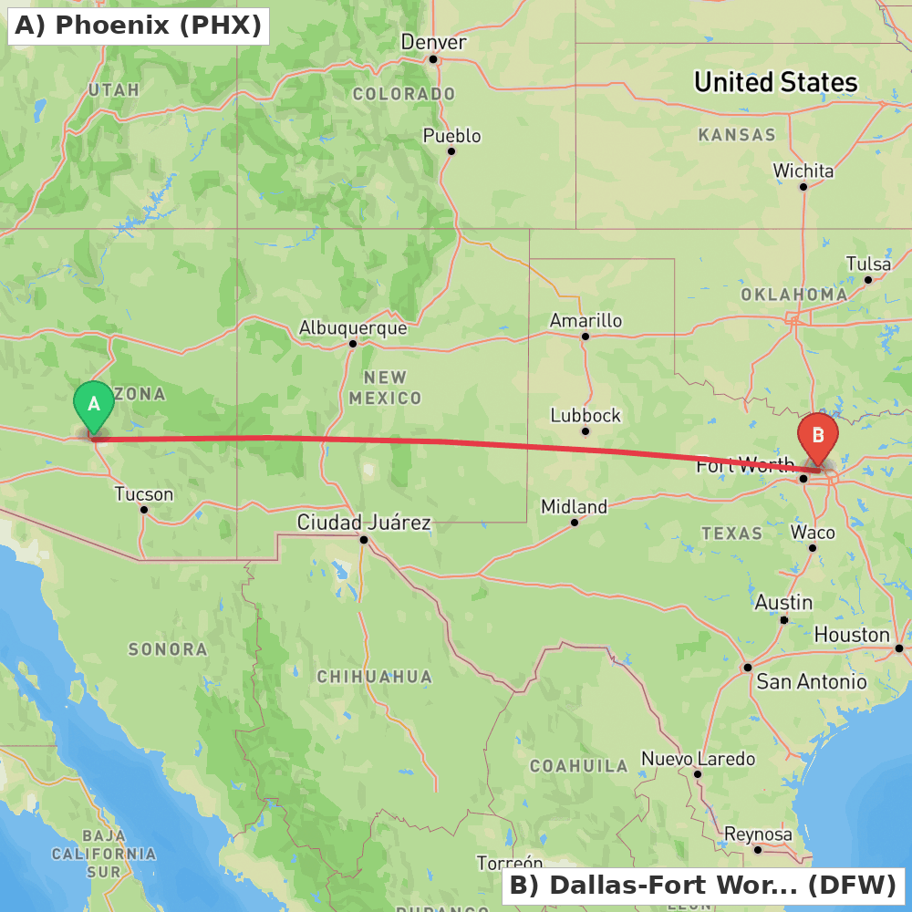 Flight route map from Phoenix to Dallas-Fort Worth