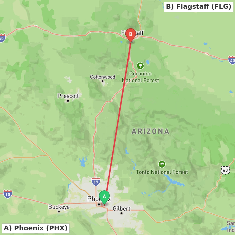 Flight route map from Phoenix to Flagstaff