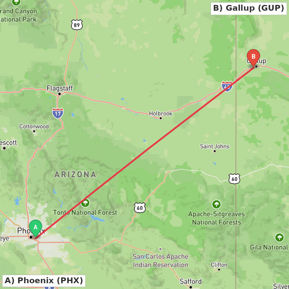 Flight route map from Phoenix to Gallup