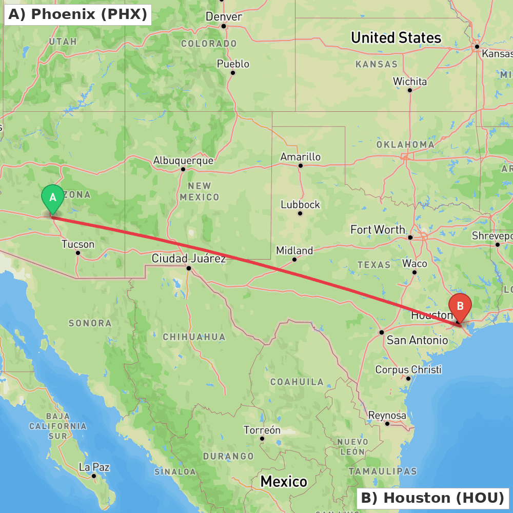 Flight route map from Phoenix to Houston