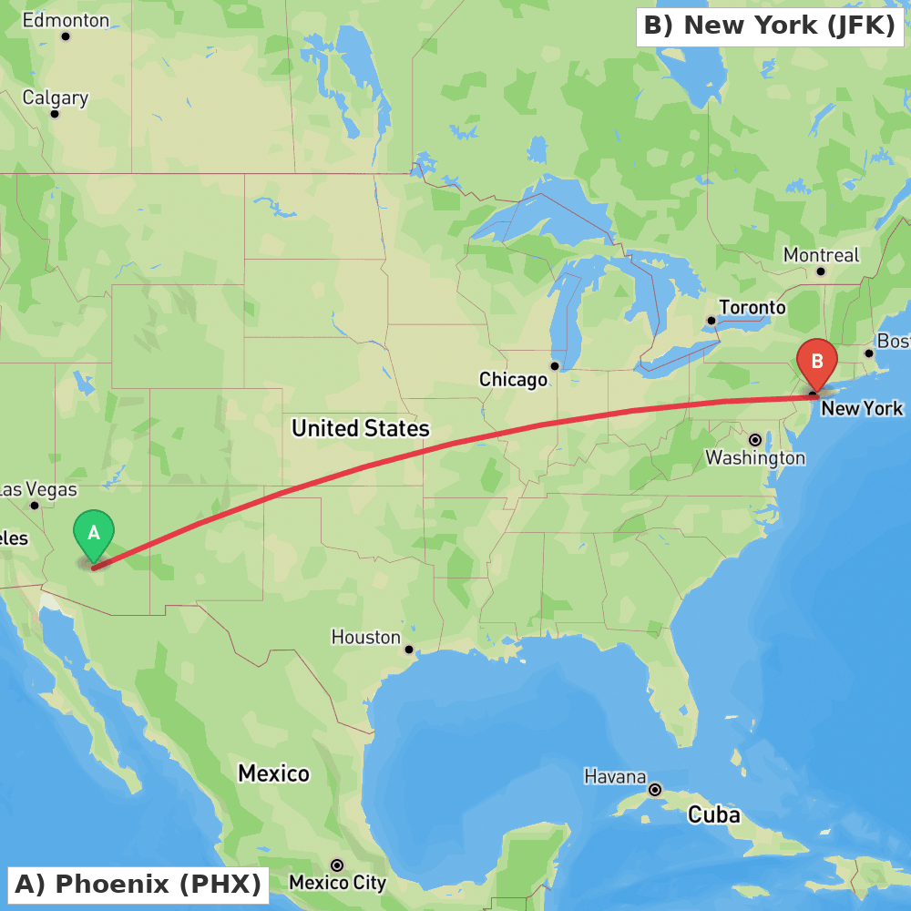 Flight route map from Phoenix to New York