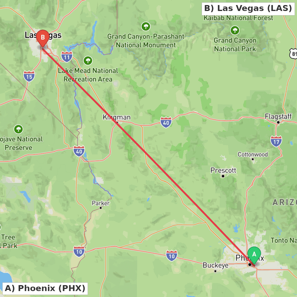 Flight route map from Phoenix to Las Vegas