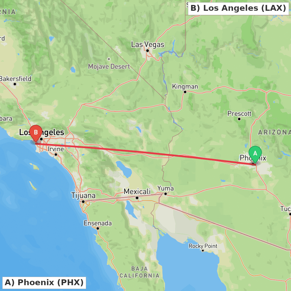 Flight route map from Phoenix to Los Angeles